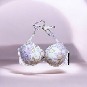 Victorias Secret Swim Bikini Top 36DD Floral Push Up Halter NWT White Purple New